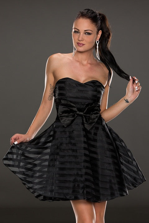 Black Ribbon&Mesh Strips Strapless Skater Dress
