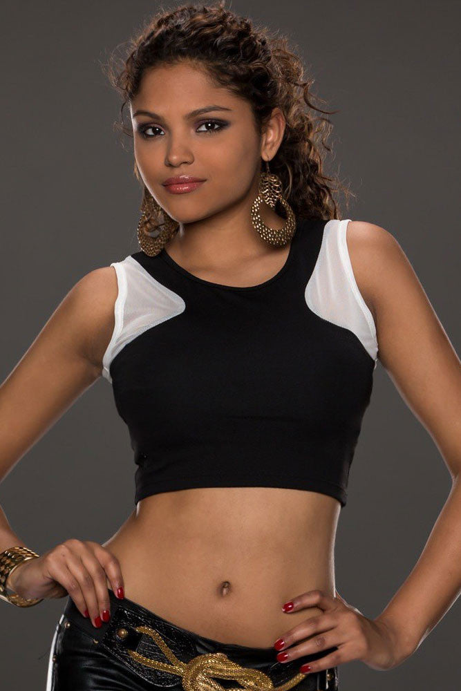 Black Mesh Stitching Crop Club Top