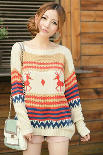 Cream-colored Christmas Striped and Deer Winter Sweater