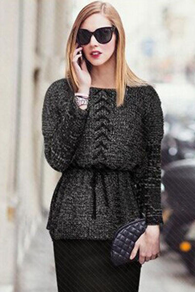 Gray Batwing Sleeve Waist Rope Elastic Slim Crochet Sweater