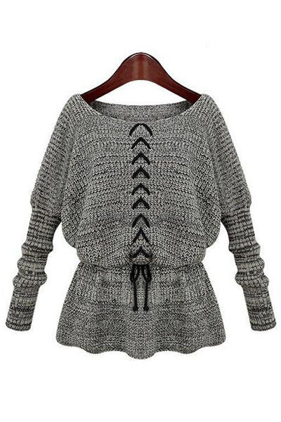 Gray Batwing Sleeve Waist Rope Elastic Slim Crochet Sweater - Everything 5 Pounds - 2