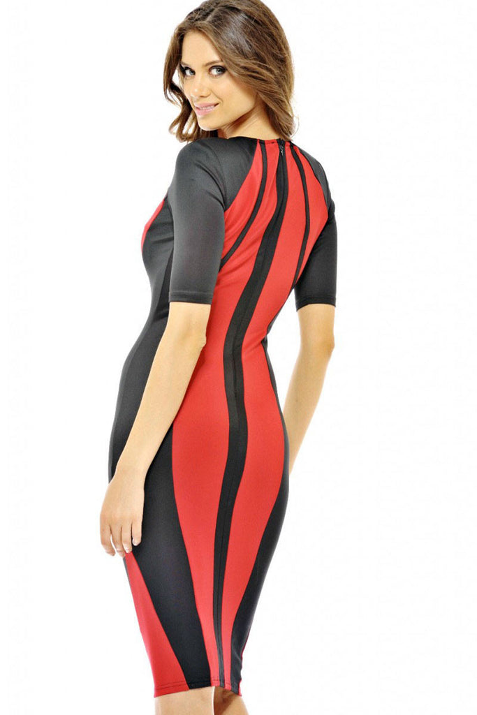 Red Panel Body-shaping Colorblock Midi Dress