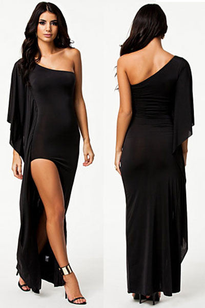 One-Shoulder Draped Black Evening Dress