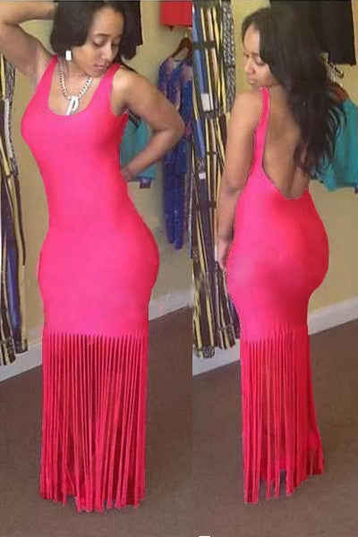 Rosy Scoop Back Hemline Tasseled Maxi Dress