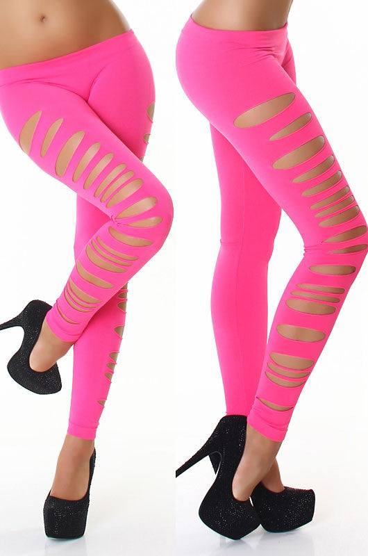 Pink Big Ripped Opaque Spandex Stirrup Leggings