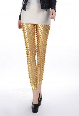Gold Punk Fish Scale Pierced Holes Fashion Leggings