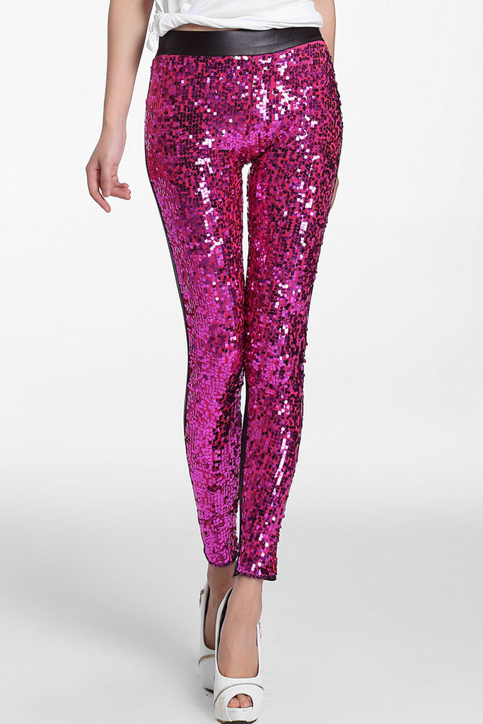 Rosy Sequin Front PU Leggings