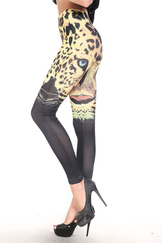 Leopard Head Print Black Leggings - Everything 5 Pounds - 2