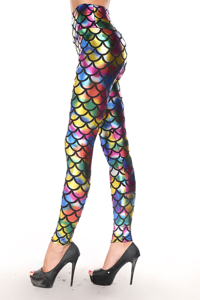 Metallic Rainbow Fish Scales Print Leggings - Everything 5 Pounds - 2