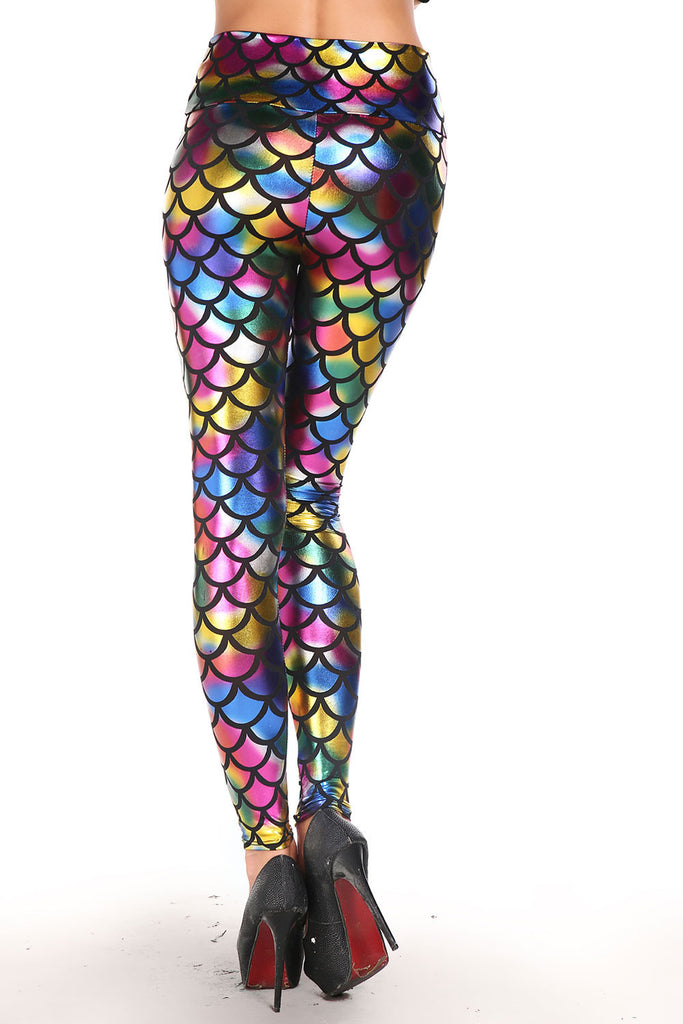 Metallic Rainbow Fish Scales Print Leggings - Everything 5 Pounds - 3