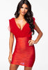 Red Wrap Ruffled V Neck Texture Bodycon Dress - Everything 5 Pounds - 1