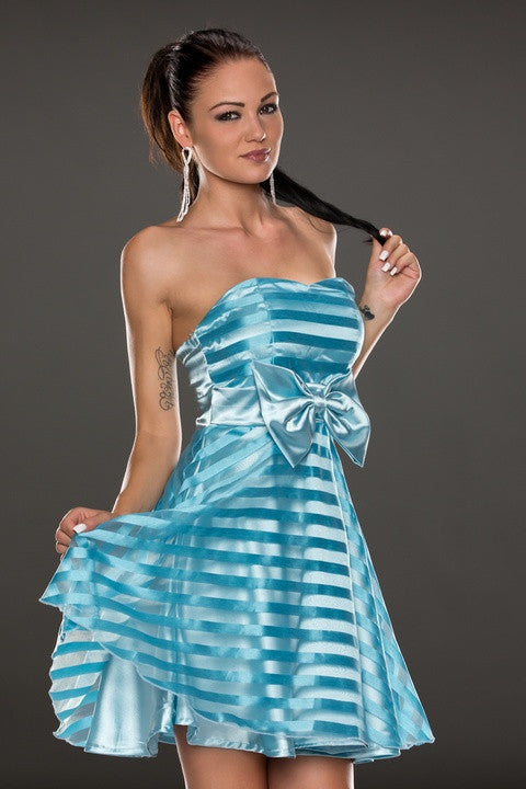 Blue Ribbon&Mesh Strips Strapless Skater Dress - Everything 5 Pounds