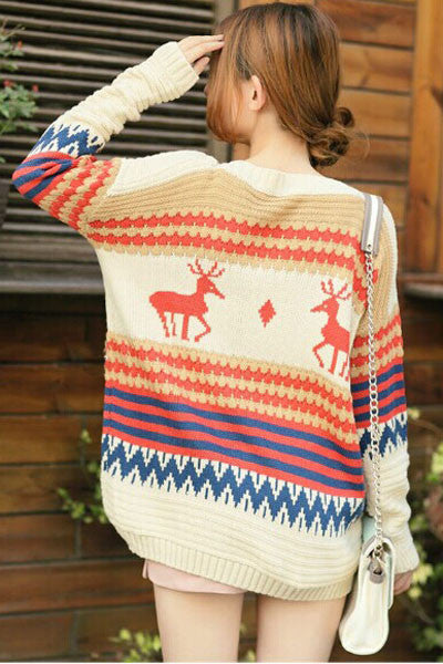 Cream-colored Christmas Striped and Deer Winter Sweater - Everything 5 Pounds