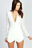 White Long Sleeve Lace Plunge Skort Playsuit - Everything 5 Pounds