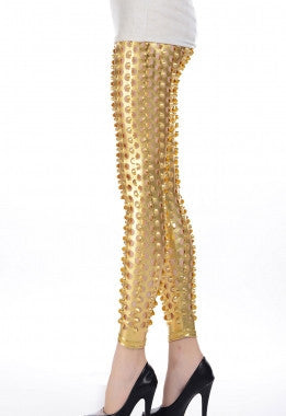 Gold Punk Fish Scale Pierced Holes Fashion Leggings - Everything 5 Pounds - 2